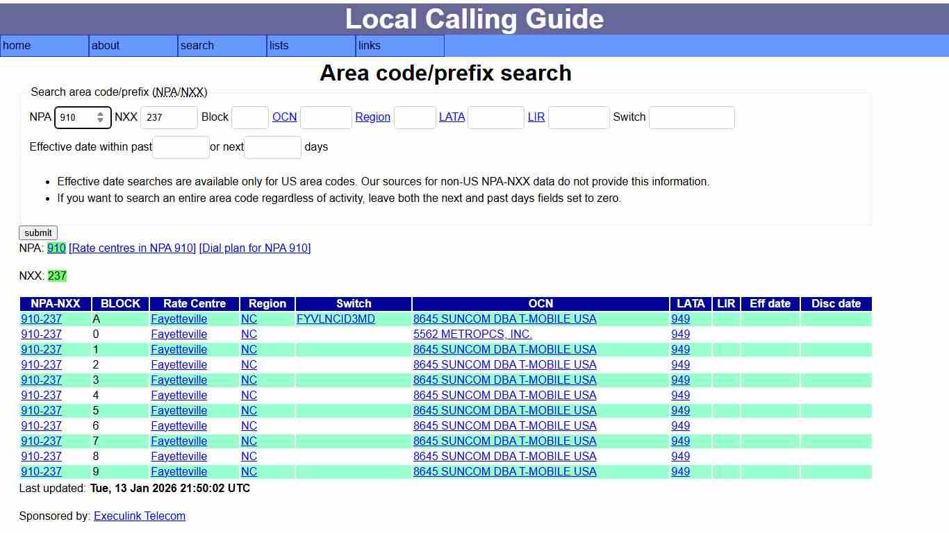 Local calling guide: NPA-NXX search